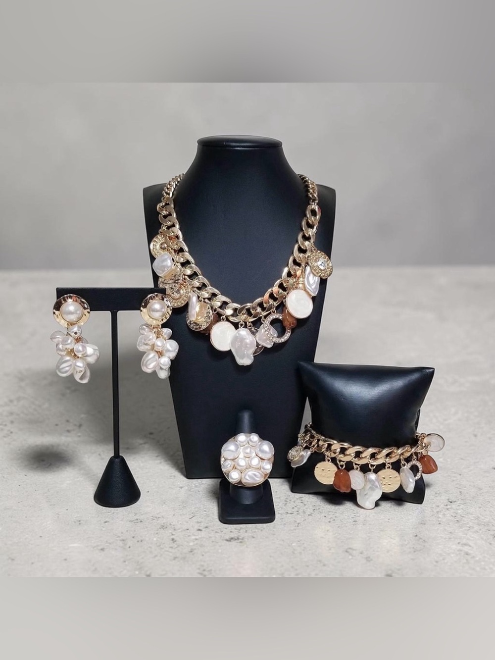 Gold-Tone Pearl Charm Necklace and Earring Set - Elegant White Pearls